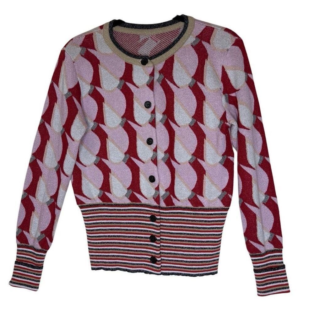 Red, Pink, and Gold Sparkly Art Deco Design Cardigan Sweater Size M Y2K, Artsy